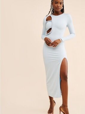 Elexiay Braided Tife Cutout Light Blue Long Sleeve Midi Dress with High Slit